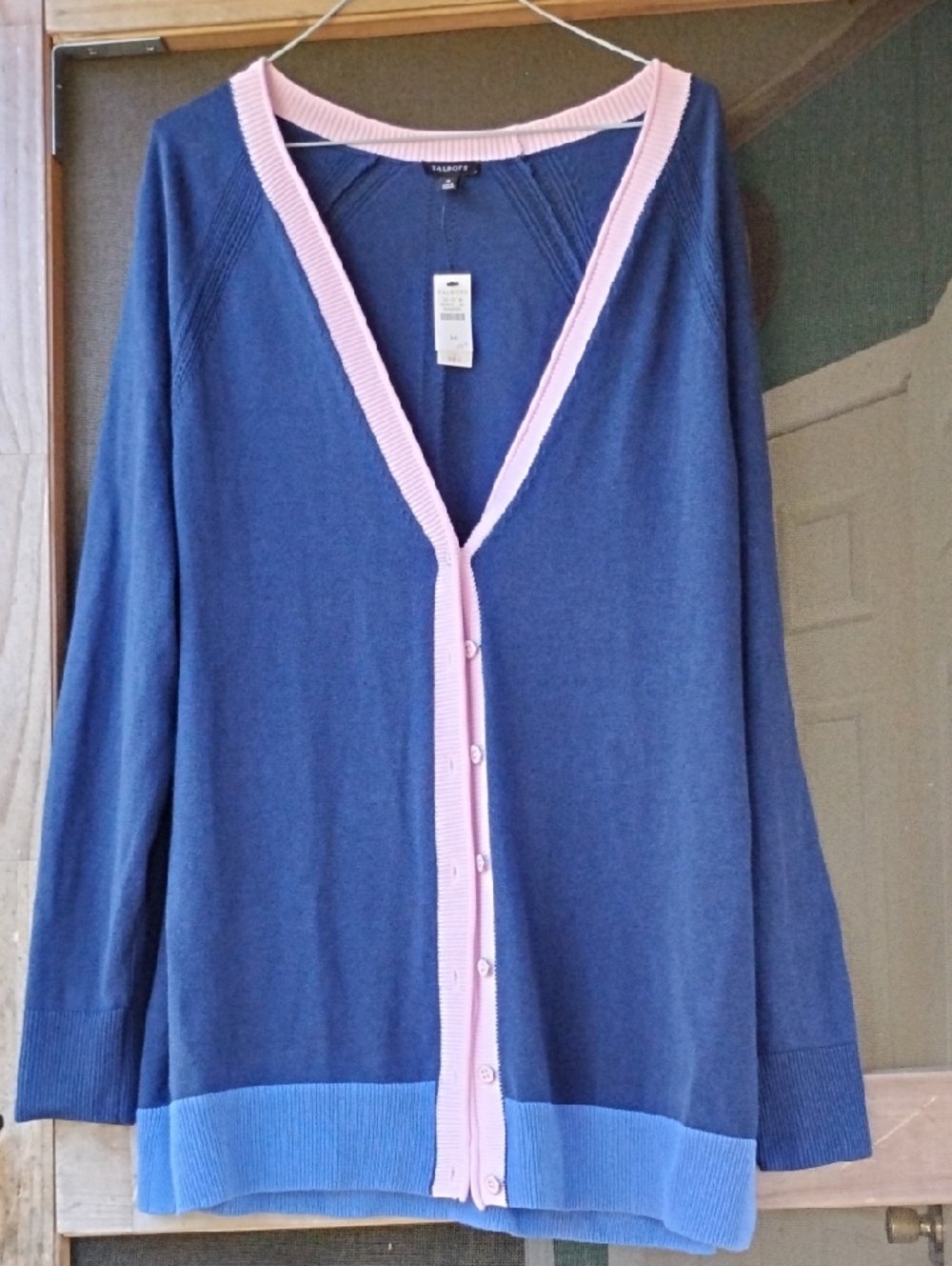 Talbots Navy Cardigan with Pink Trim and Light Blue Hem